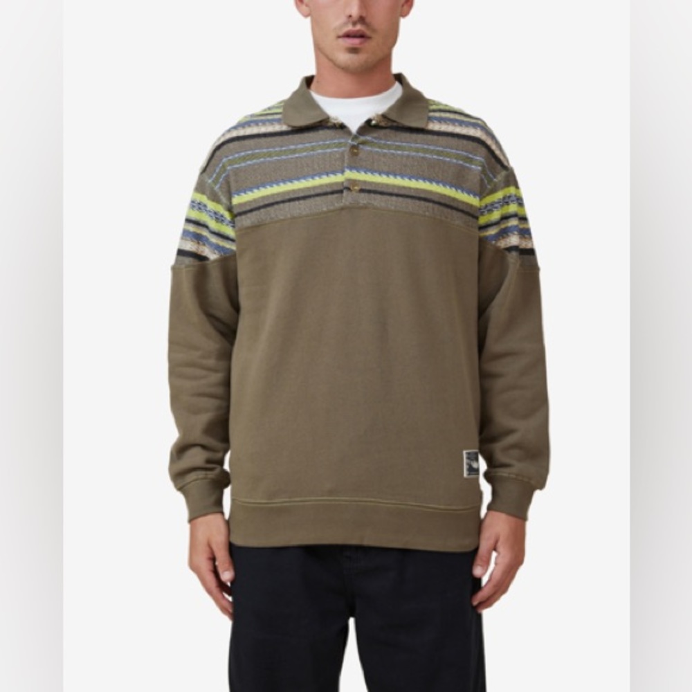Box Fit Rugby Fleece Polo Shirt In Mud Green Textured Stripe